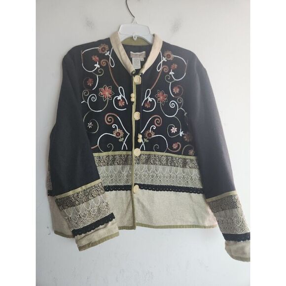 Coldwater Creek Black Beige Multicolor Embroidery Linen Cotton Jacket Large Pet - Picture 8 of 10